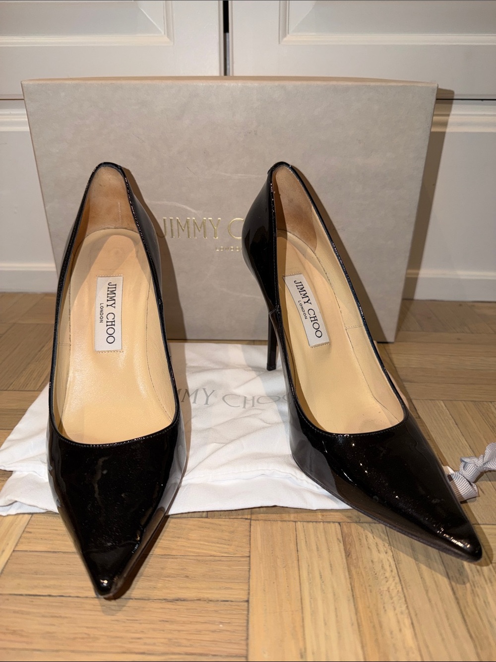 Used - Jimmy Choo Black Patent Leather Pointed Stiletto Pumps - Size 39
